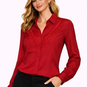 Reformation Paulina Lace Detail Red Women's Blouse Long Sleeve Button Up Medium